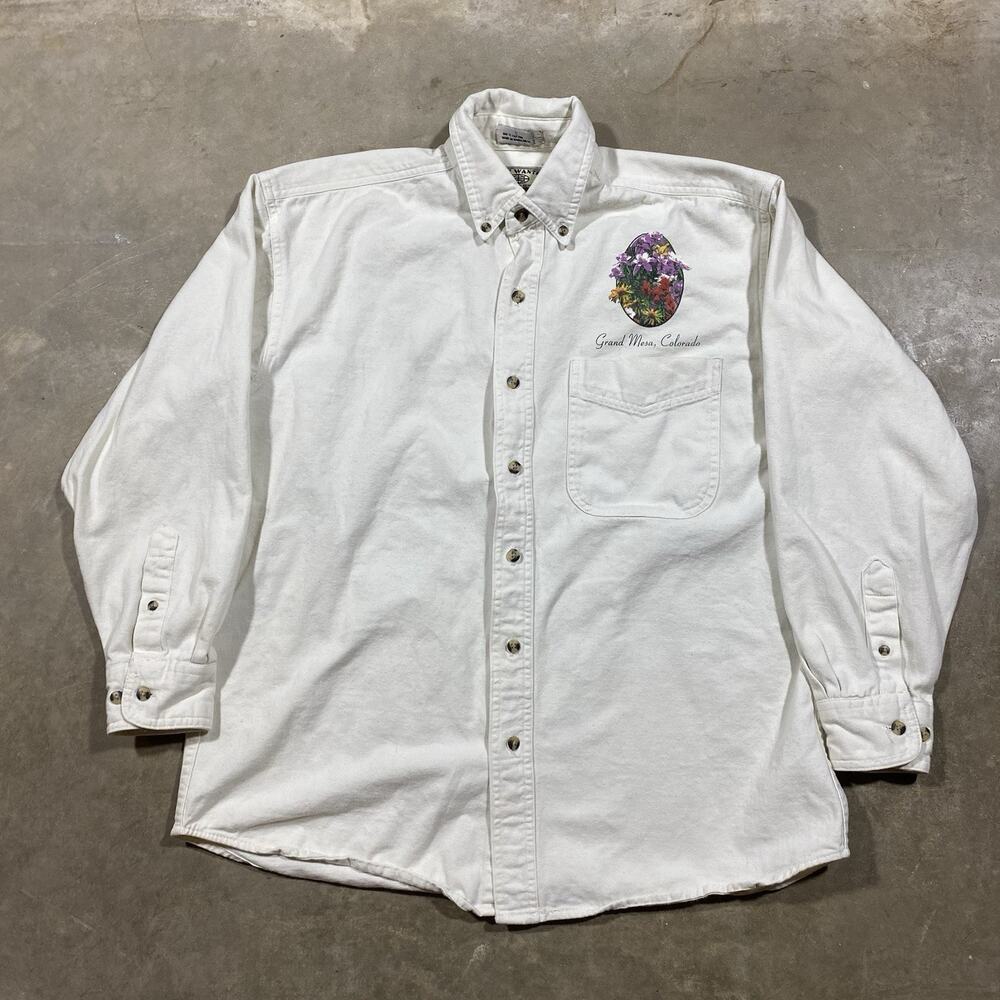 Most Wanted Grand Mesa Colorado Shirt S White Floral Embroidered Denim